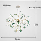 Maison Ornate flower-shaped crystal LED chandelier with gold branches, green leaves, 60 cm diameter.