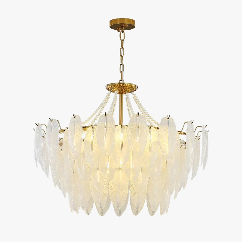Ornate modern crystal chandelier with vintage tassels, feather accents, and soft glowing elegance.
