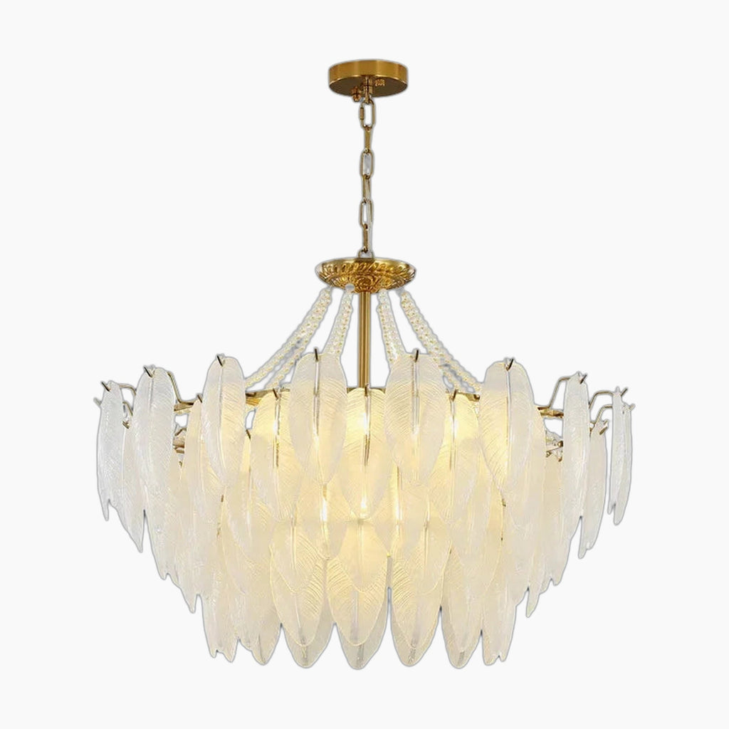 Maison Ornate Modern Crystal Chandelier with vintage tassels and feathers, warm luxurious lighting.