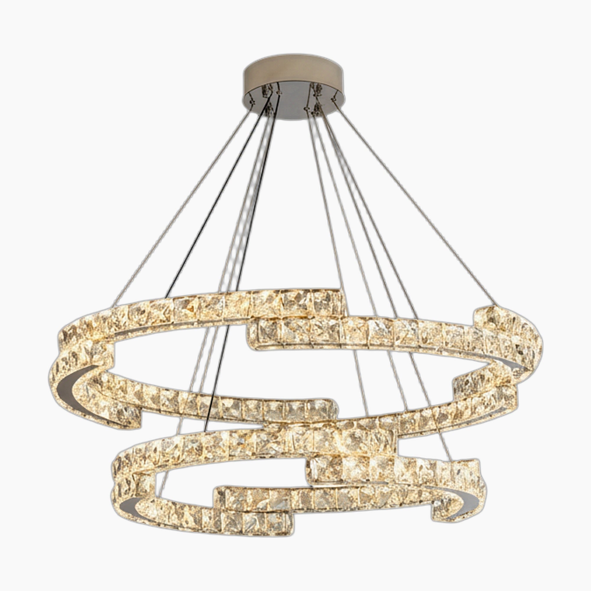 Two interlocking spiral crystal rings with stainless steel LED, suspended by slim black wires.