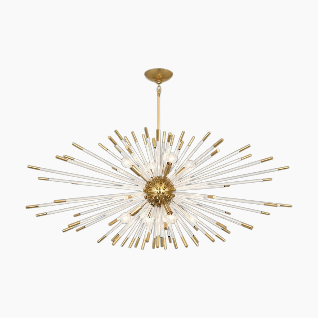 Gold and glass dandelion chandelier with radiant rods, central sphere, and modern LED illumination.