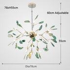 Flower-shaped LED chandelier with green glass leaves, gold stem, small lights, and adjustable height.