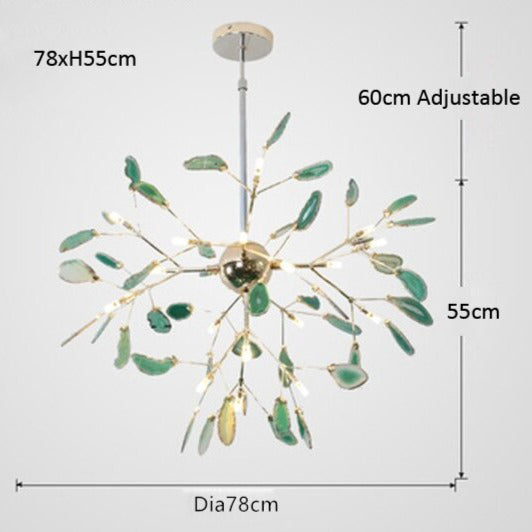 Flower-shaped LED chandelier with green glass leaves, gold stem, small lights, and adjustable height.