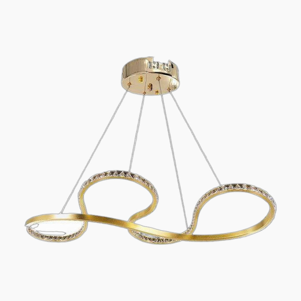 Ornate modern chandelier with gold drop pendants, crystal accents, and intertwined LED rings.