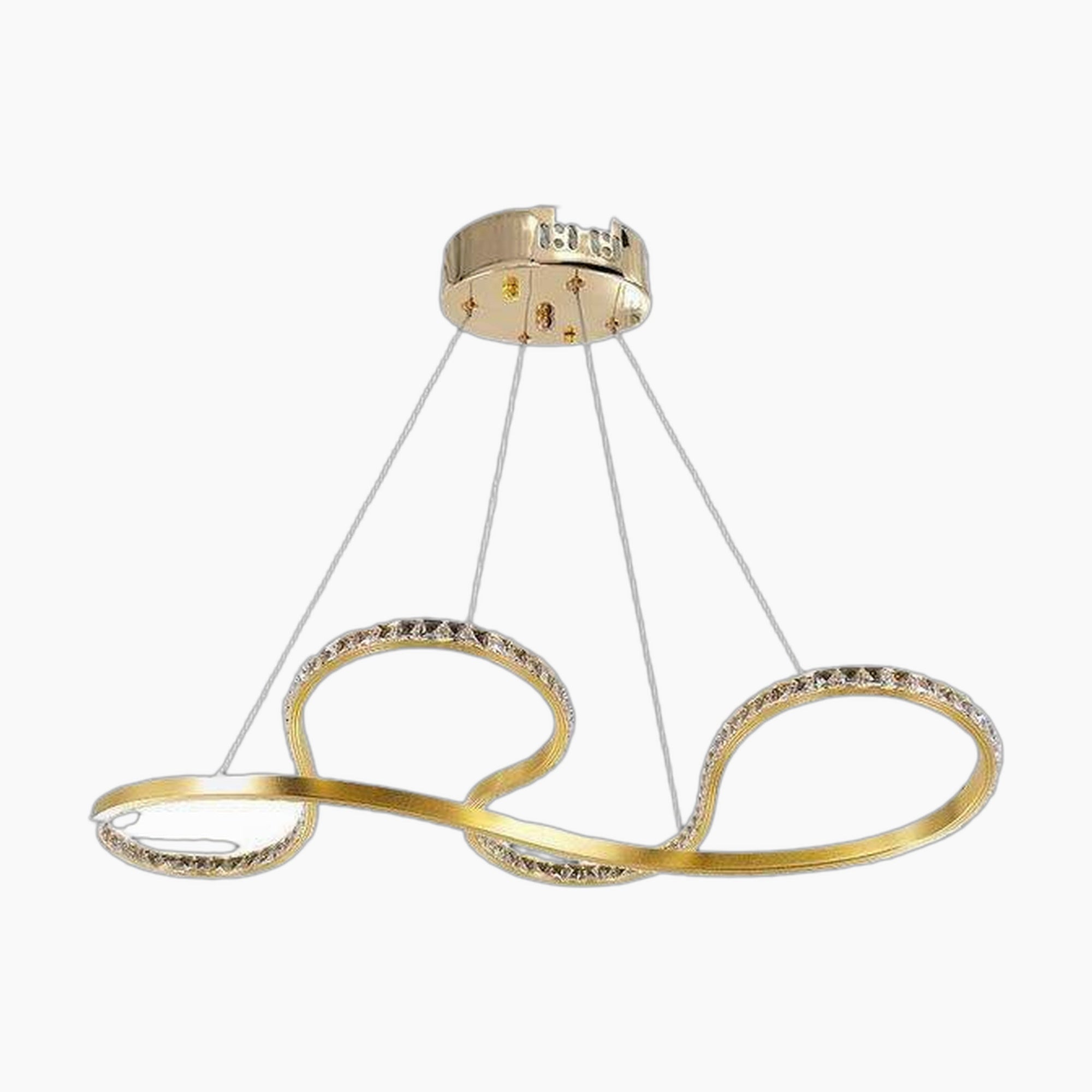Ornate modern chandelier with gold drop pendants, crystal accents, and intertwined LED rings.