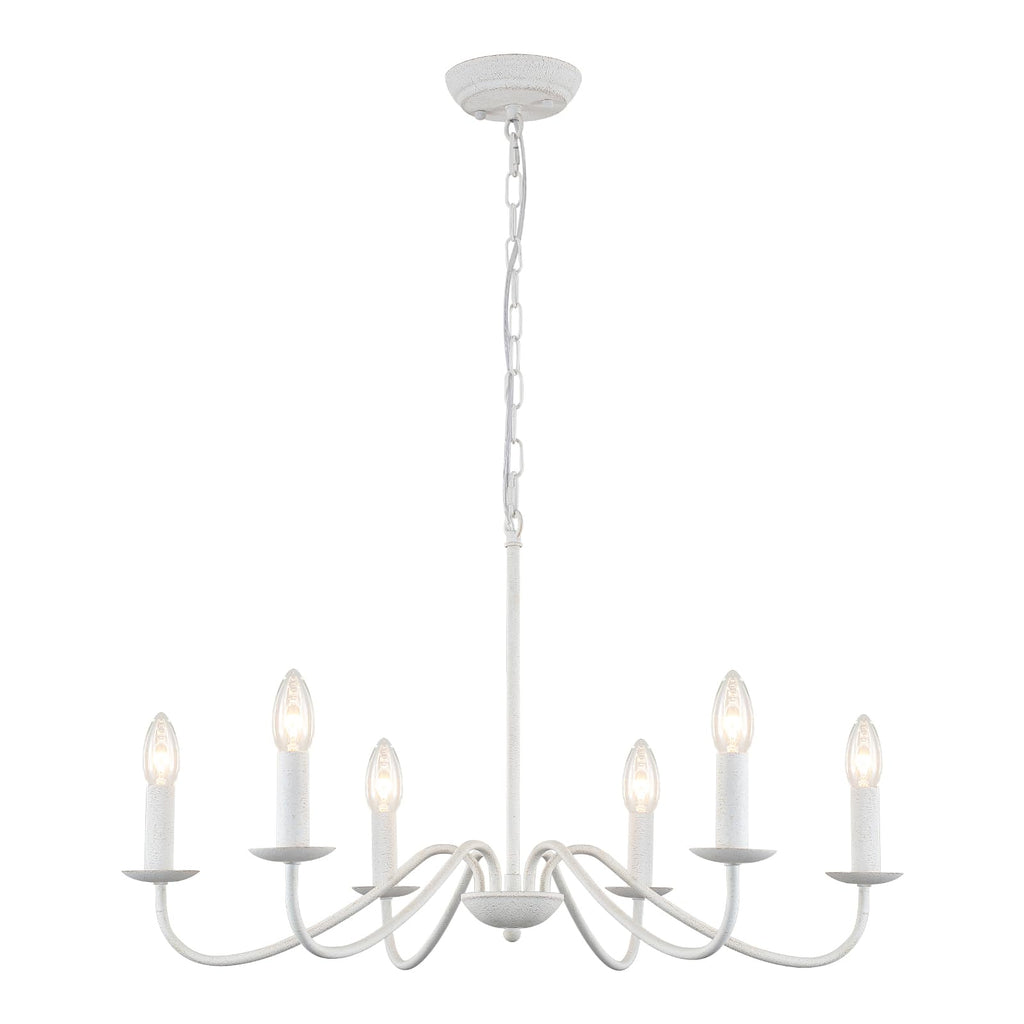 Vintage crystal bedroom chandelier with six curved arms and candle-style bulbs on ceiling chain.