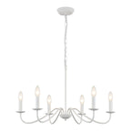Six-arm crystal chandelier with candle bulbs, curved arms, and adjustable chain; modern vintage style.