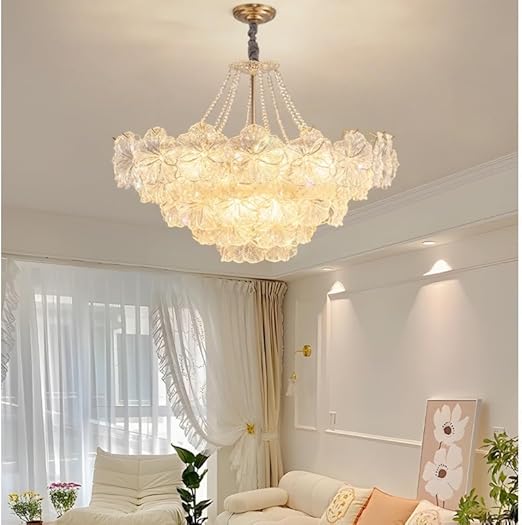 Maison Ornate Adjustable Golden Crystal Glass Flower Chandelier with layered crystals and pearl-like chains.