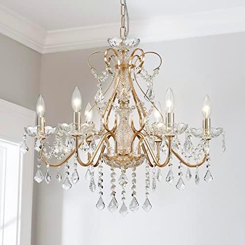 Modern French-style chandelier with six candle lights and crystal prisms, adjustable ceiling mount.
