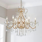 Modern French-style chandelier with six candle lights and crystal prisms, adjustable ceiling mount.