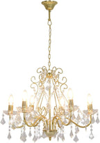 Ornate gold chandelier with curved arms, clear crystal beads, sparkling pendants, and six E14 sockets.