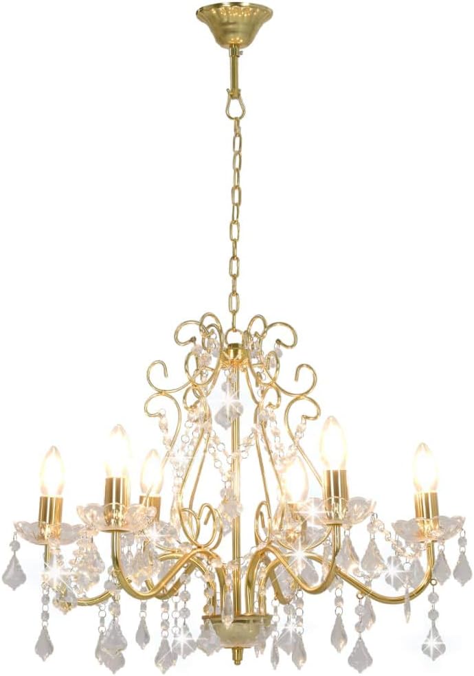 Ornate gold chandelier with curved arms, clear crystal beads, sparkling pendants, and six E14 sockets.