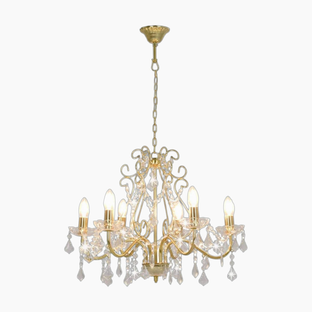Six-light gold chandelier with ornate arms, crystal pendants, and chain suspension for ceilings.