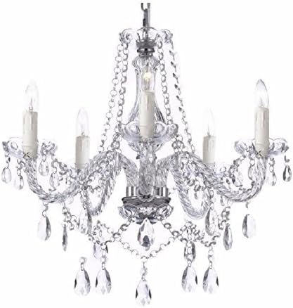 Maison Ornate Modern K9 Crystal 5-light chandelier with candle bulbs, curved arms, and crystal pendants.
