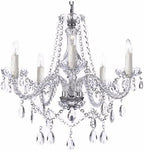 Maison Ornate Modern K9 Crystal 5-light chandelier with candle bulbs, curved arms, and crystal pendants.