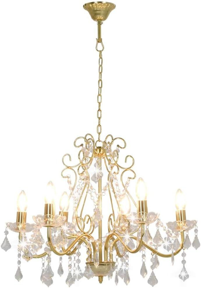 Six-light golden crystal acrylic chandelier with ornate arms and candle-style bulbs, elegantly radiant.