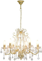 Six-light golden crystal acrylic chandelier with ornate arms and candle-style bulbs, elegantly radiant.