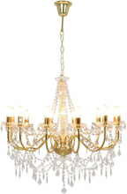 Ornate Baroque chandelier with gold beads, crystal pendants, twelve candle bulbs, and gold chain suspension.