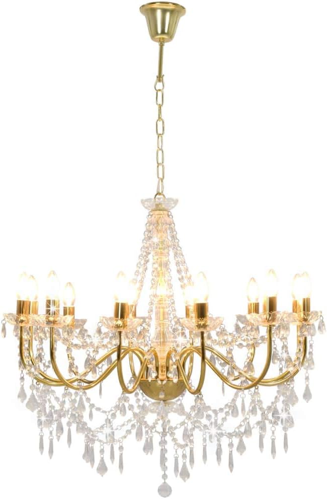 Ornate Baroque chandelier with gold beads, crystal pendants, twelve candle bulbs, and gold chain suspension.