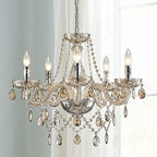 Maison Ornate Modern K9 Crystal 5-Light Pendant Chandelier with candle lights, droplets, and chains.