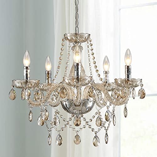 Maison Ornate Modern K9 Crystal 5-Light Pendant Chandelier with candle lights, droplets, and chains.