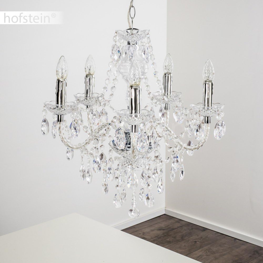 Maison Ornate Modern Adjustable Chandelier with five candle lights and crystal acrylic metal accents.