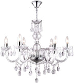 Clear PVC baroque chandelier with six E14 arms, crystal pendants, and shiny silver base.