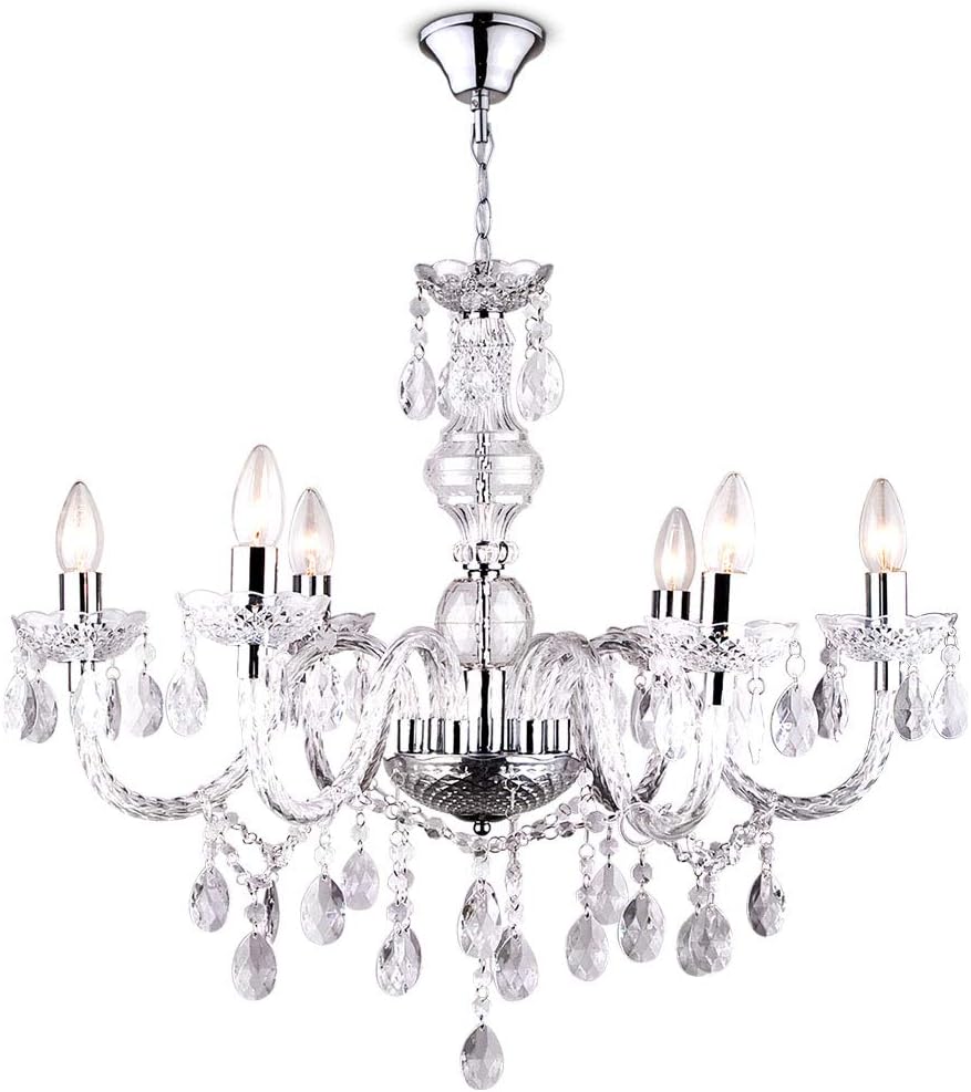 Clear PVC baroque chandelier with six E14 arms, crystal pendants, and shiny silver base.
