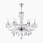 Ornate Baroque chandelier with clear glass arms, six E14 bulbs, sparkling crystal droplets.