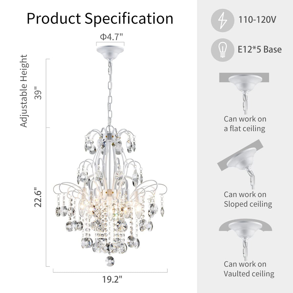 Modern gold chandelier with five E12 lights, crystal balls, adjustable height, semi-flush mount design.