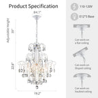 Modern gold chandelier with five E12 lights, crystal balls, adjustable height, semi-flush mount design.