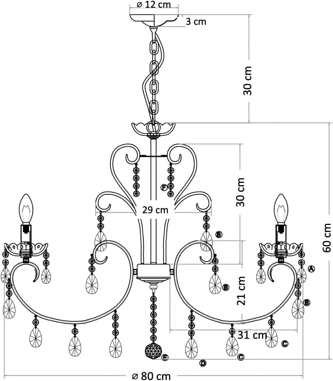 Line drawing of Maison Ornate Rose Gold Baroque 8-arm chandelier with crystal and detailed accents.