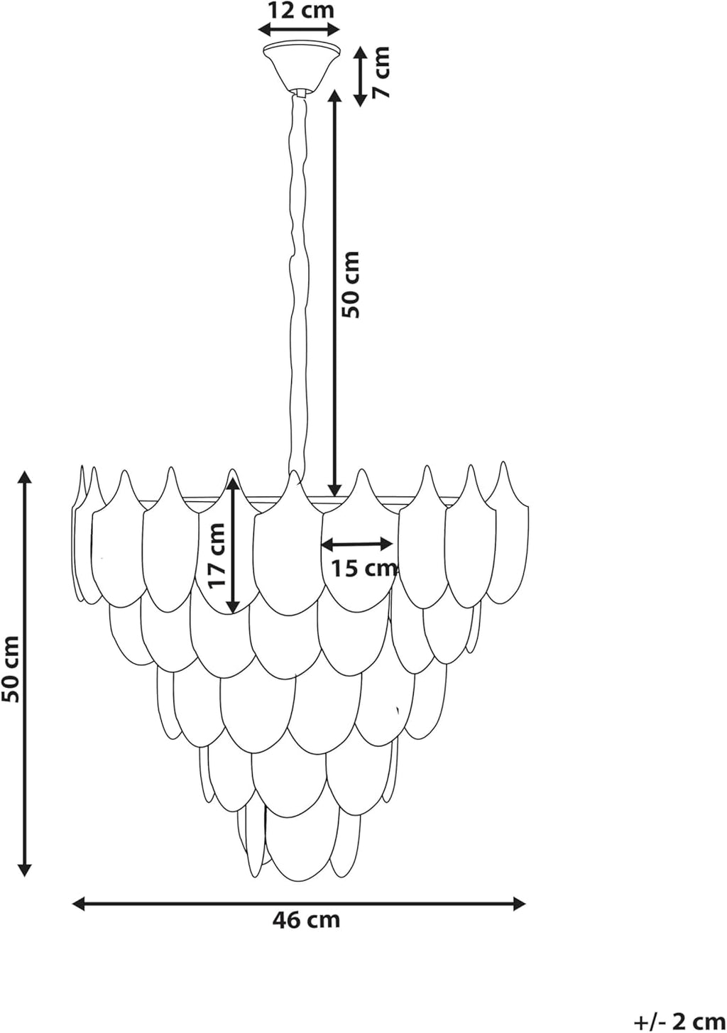 Black and white diagram of 9-light gold metal chandelier, leaf glass layers, labeled dimensions.