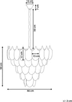 Black and white diagram of 9-light gold metal chandelier, leaf glass layers, labeled dimensions.