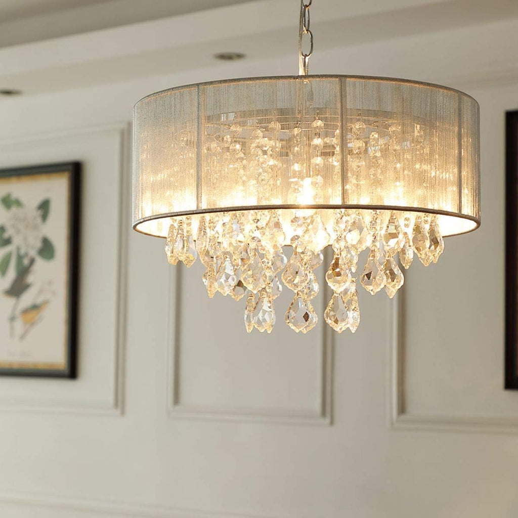 Maison Ornate Modern K9 Crystal LED Chandelier with adjustable raindrop crystals and round translucent shade.