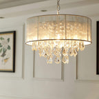 Maison Ornate Modern K9 Crystal LED Chandelier with adjustable raindrop crystals and round translucent shade.