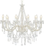 Twelve-arm baroque chandelier with crystal and acrylic pearls, candle bulbs, ornate metal-acrylic design.