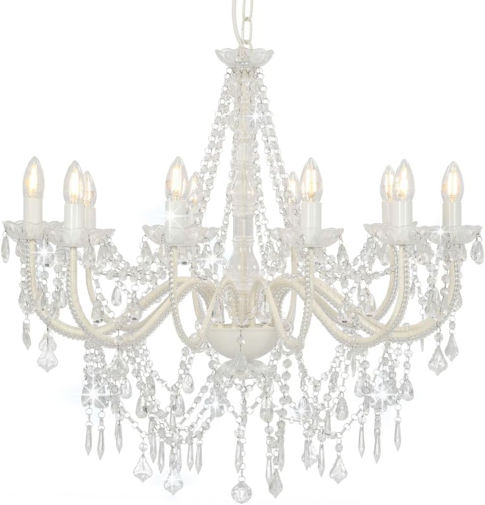 Twelve-arm baroque chandelier with crystal and acrylic pearls, candle bulbs, ornate metal-acrylic design.