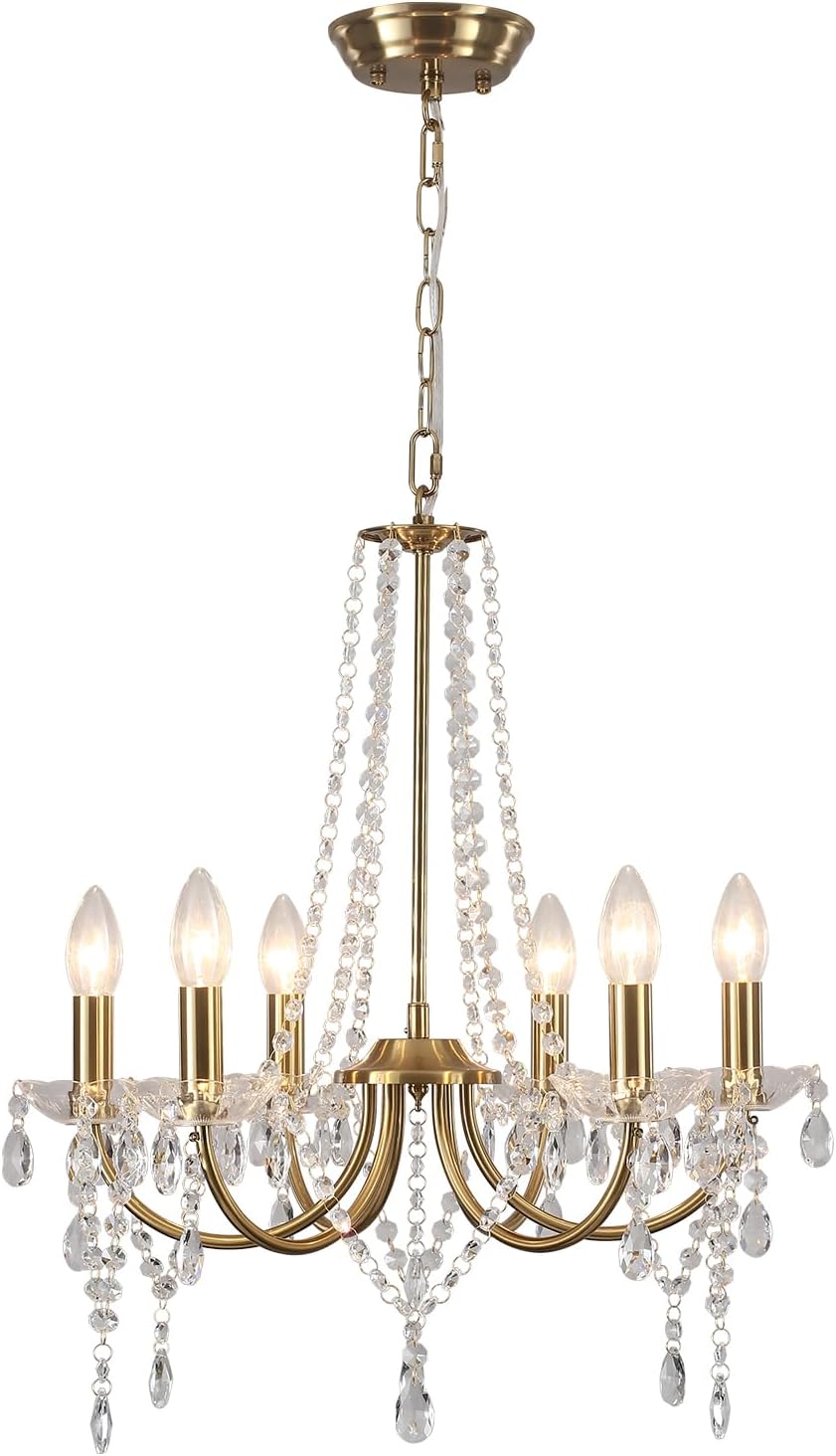 Gold metal chandelier with crystal bead strands, six candle bulbs, and hanging pendants.