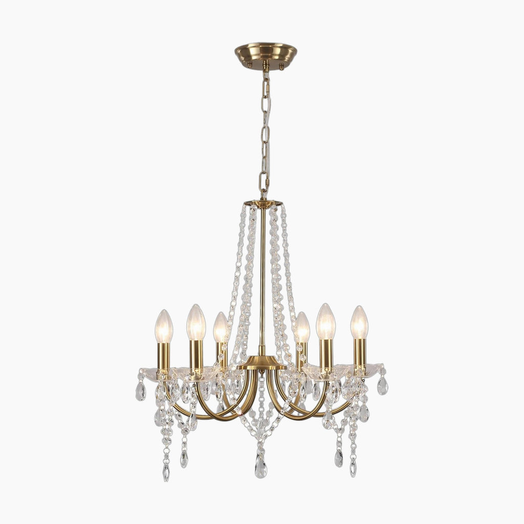 Eight-bulb modern metal chandelier with crystal teardrop ornaments and elegant hanging beads.