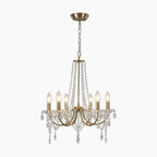 Eight-bulb modern metal chandelier with crystal teardrop ornaments and elegant hanging beads.