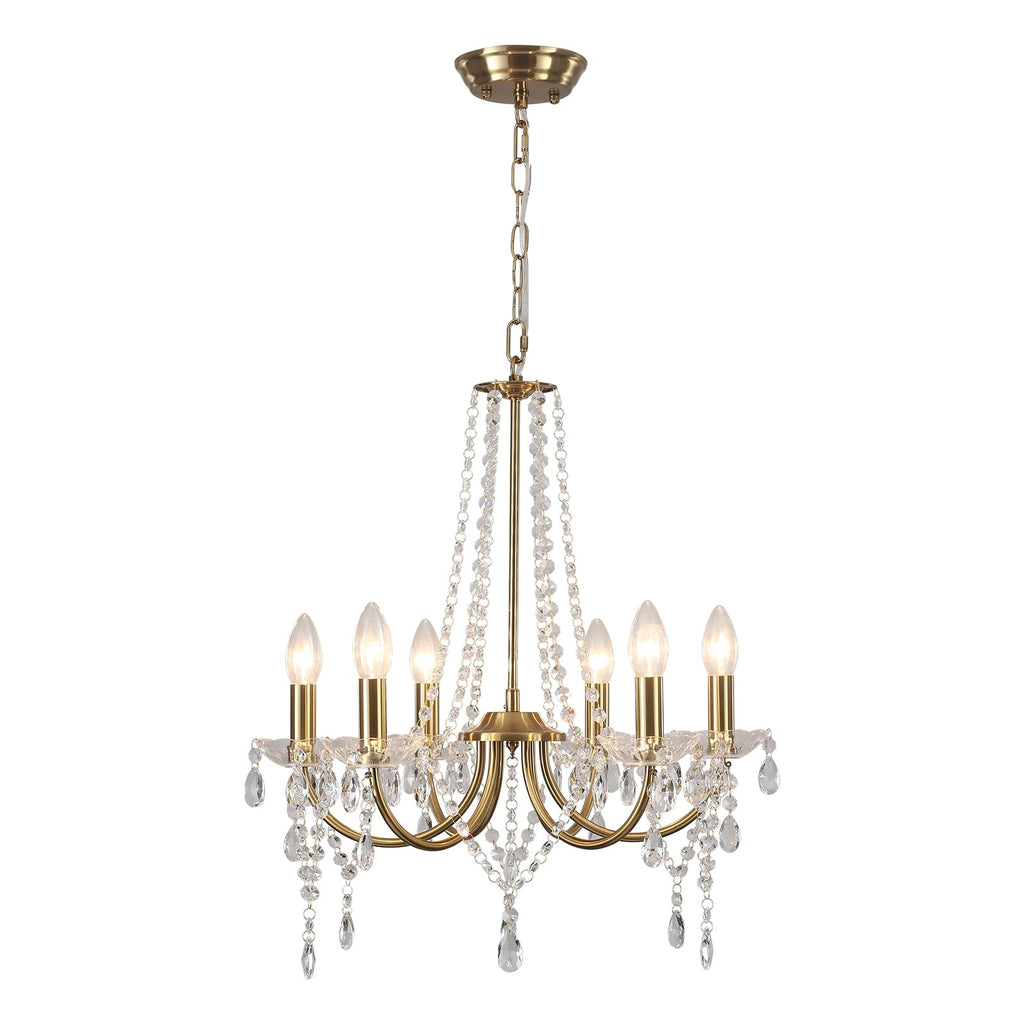 Modern metal chandelier with six candle-like bulbs, arched arms, crystal beads, and teardrop pendants.