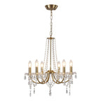 Modern metal chandelier with six candle-like bulbs, arched arms, crystal beads, and teardrop pendants.