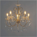 Maison Ornate Baroque Crystal Chandelier with gold tassels, metal arms, five bulbs, and hanging crystals.