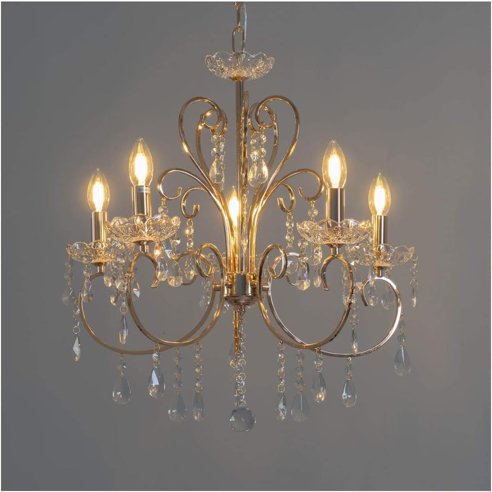 Maison Ornate Baroque Crystal Chandelier with gold tassels, metal arms, five bulbs, and hanging crystals.