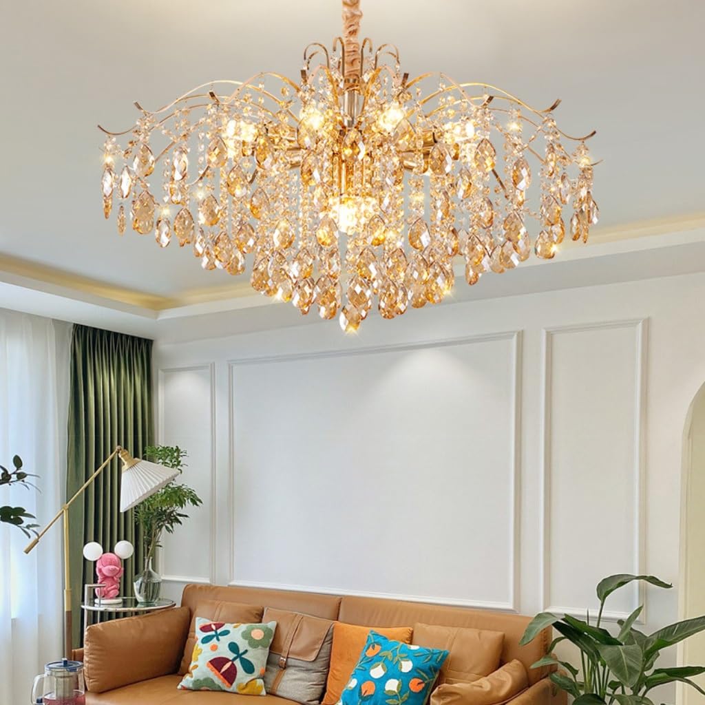 The Elegant Crystal Bedroom Chandelier features gold tassels and sparkling crystals, designed by Maison Ornate.