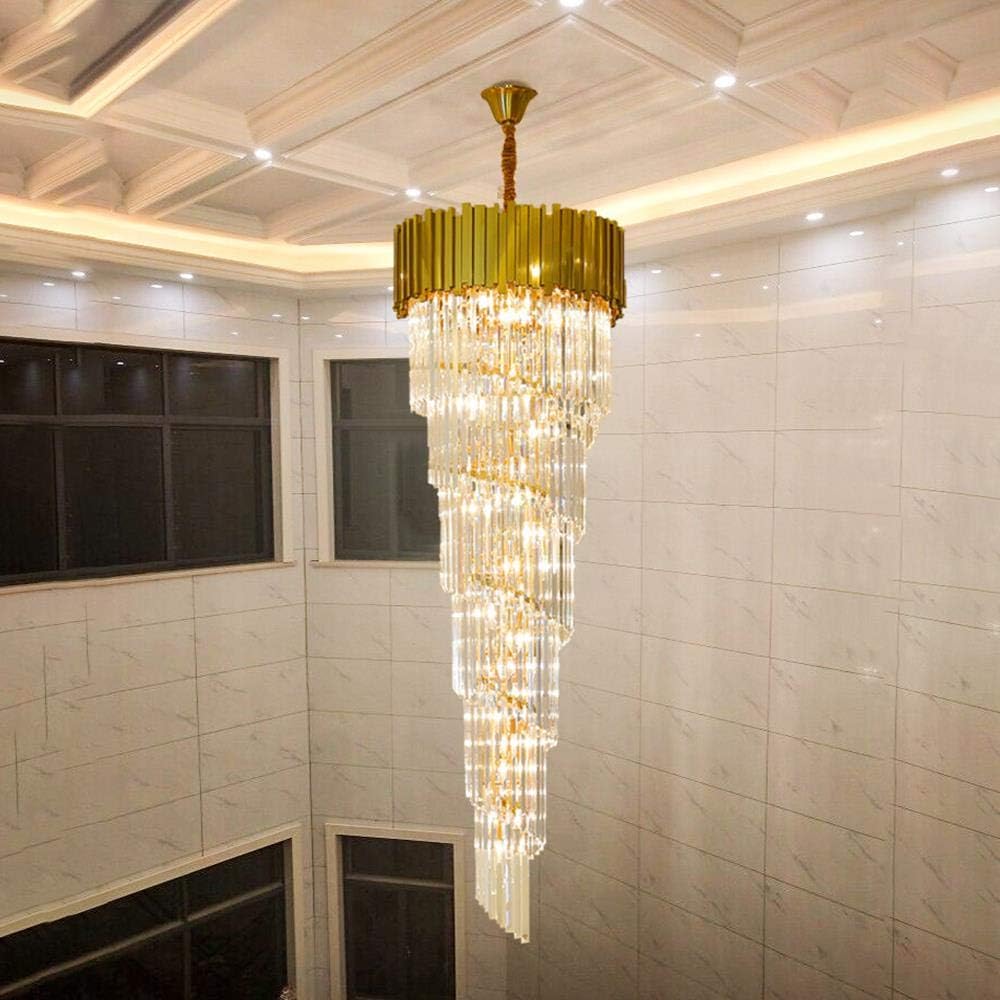 Maison Ornate LED Crystal Chandelier features modern design, cascading crystals, and elegant high-ceiling presence.