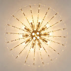 Gold starburst chandelier with K9 crystals, multiple radiant lights, ceiling-mounted, ornately modern design.
