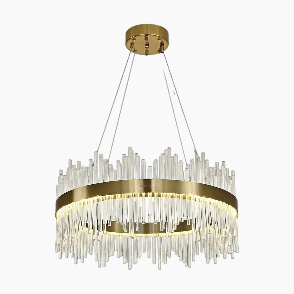 Golden crystal LED chandelier with two glass-rod tiers, circular gold frame, thin suspensions. Warm glow.