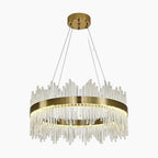 Golden crystal LED chandelier with two glass-rod tiers, circular gold frame, thin suspensions. Warm glow.